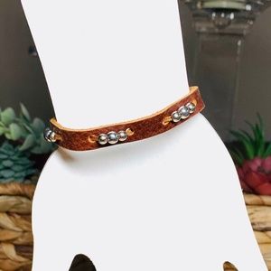 Genuine Brown Leather Snap Bracelet, with threaded silver tone beads